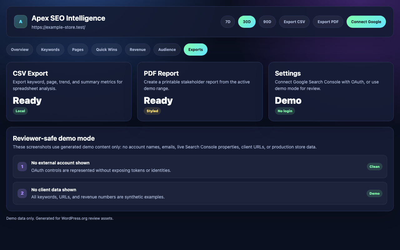 Apex SEO Intelligence demo export and settings dashboard